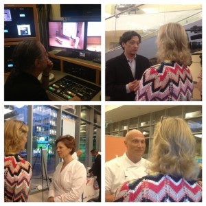 (clockwise from top left) interviewing Whole Foods representative, Richard Vallente, Legal Seafood Executive Chef, Jody Adams , Executive Chef Rialto 